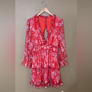 Chic Red Floral Long Sleeve Dress